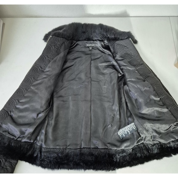 Bebe Jacket Women S Black Quilted Down Rabbit Fur Trim Collar Cuffs Full Zip Vtg - Picture 4 of 10